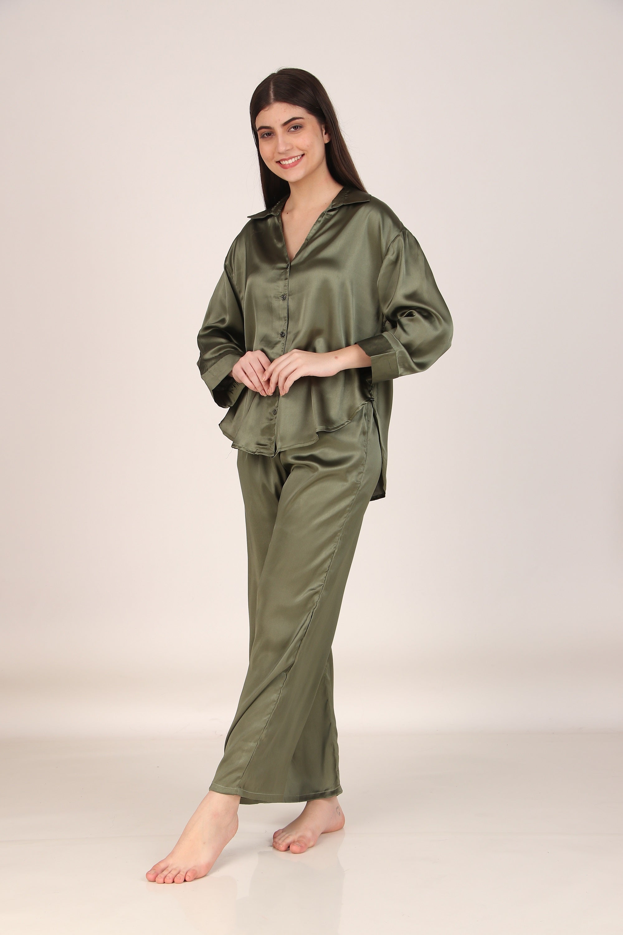 Solid Olive Oversized Satin PJ Set