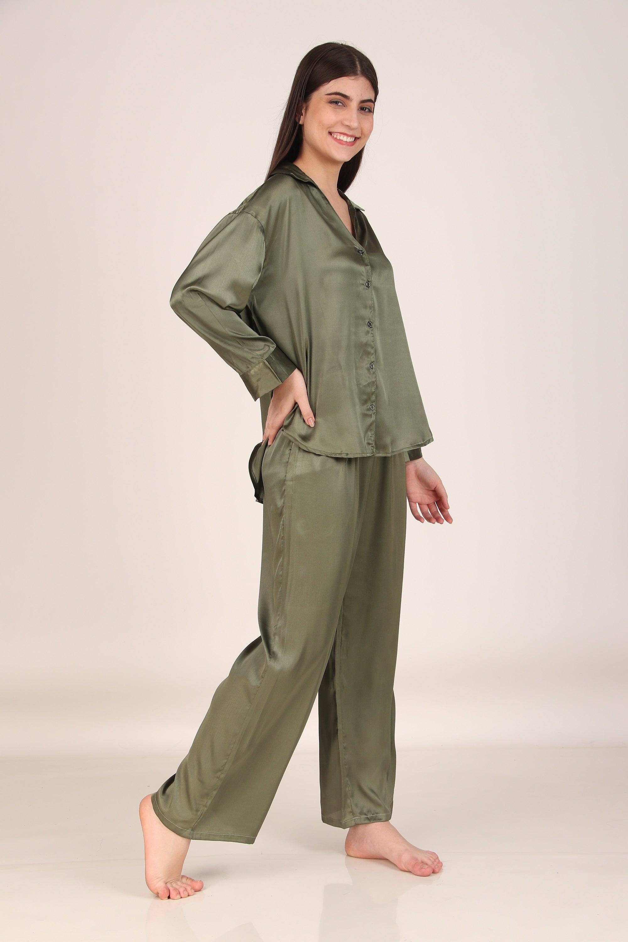 Solid Olive Oversized Satin PJ Set