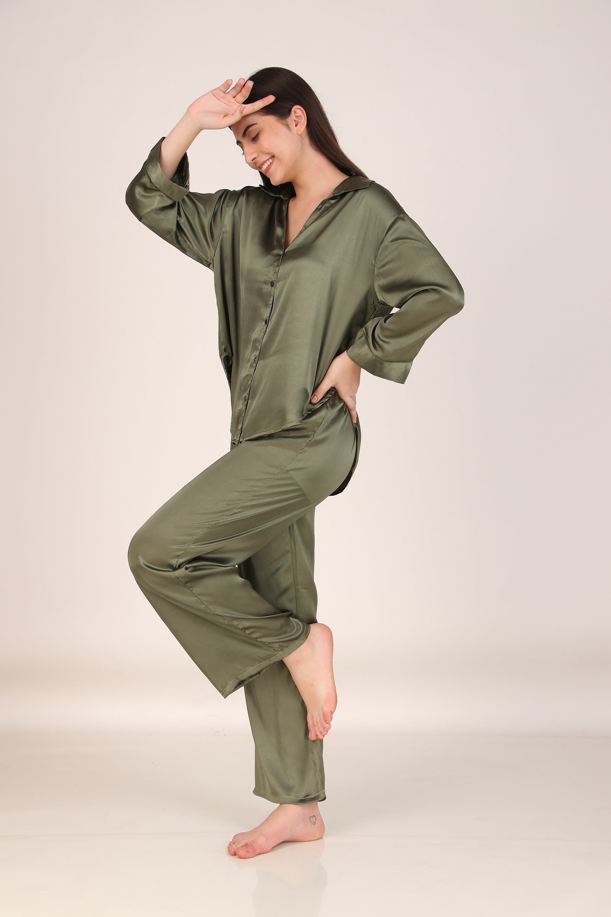 Solid Olive Oversized Satin PJ Set