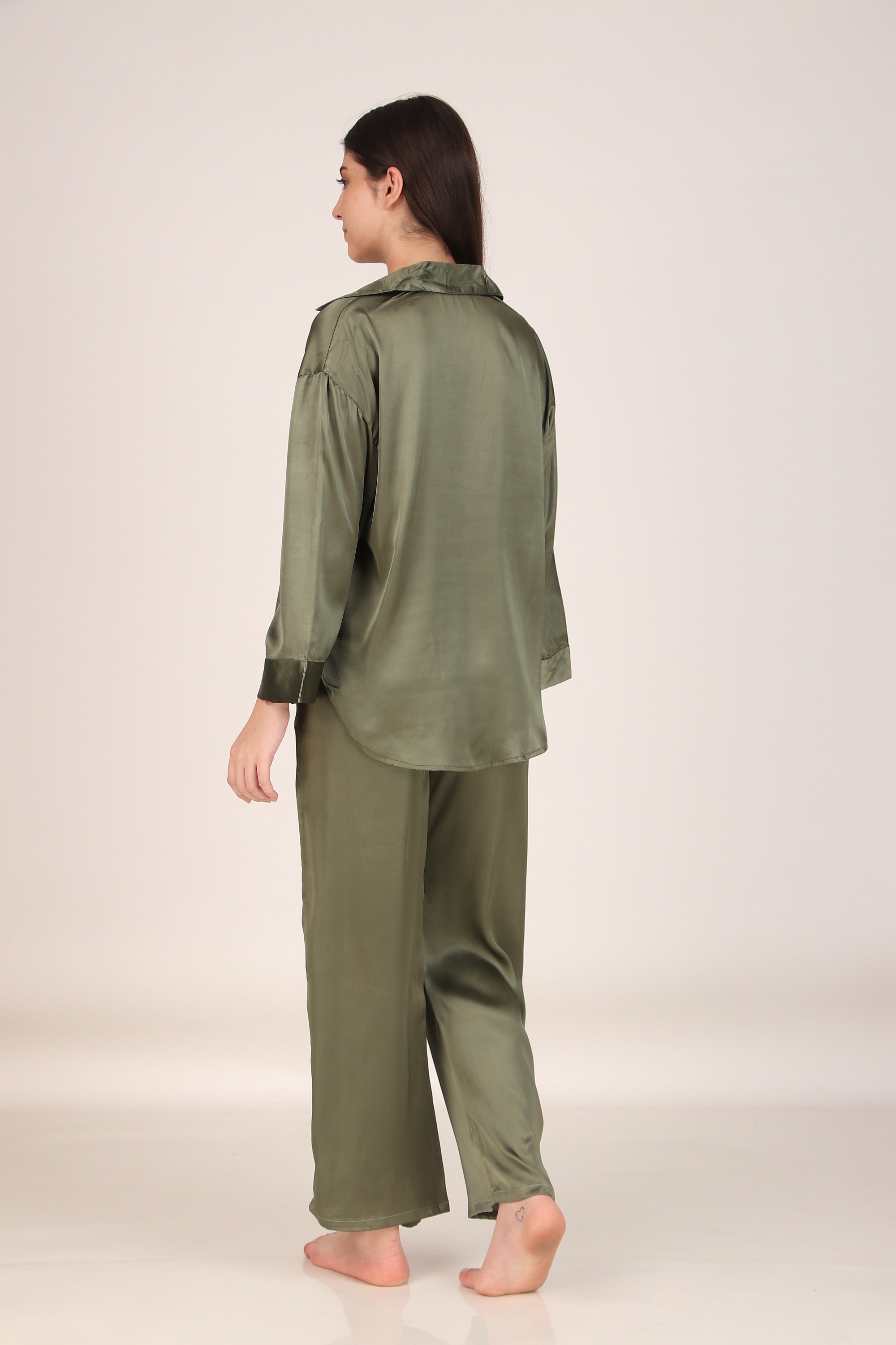 Solid Olive Oversized Satin PJ Set