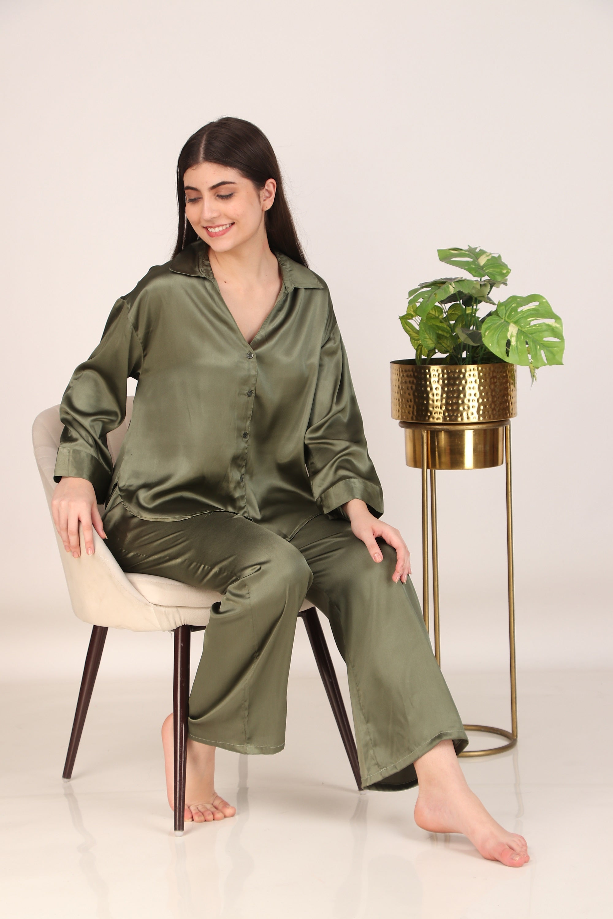 Solid Olive Oversized Satin PJ Set