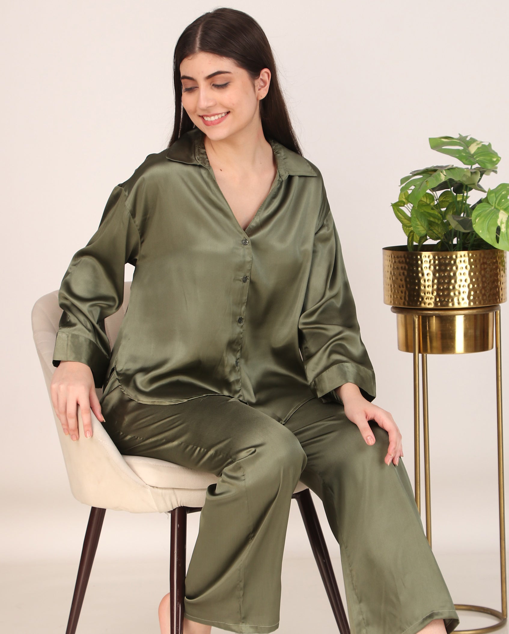 Solid Olive Oversized Satin PJ Set