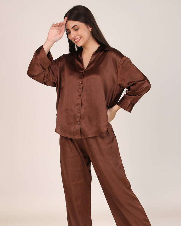 Solid Brown Oversized Satin PJ Set