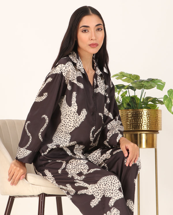 Black cheetah Oversized Satin PJ Set