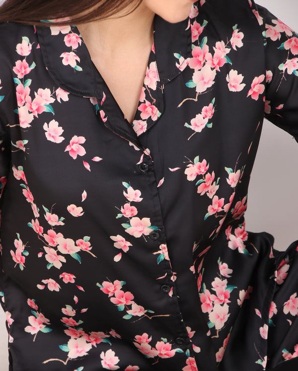 Black Pink Flower Satin Pj Set