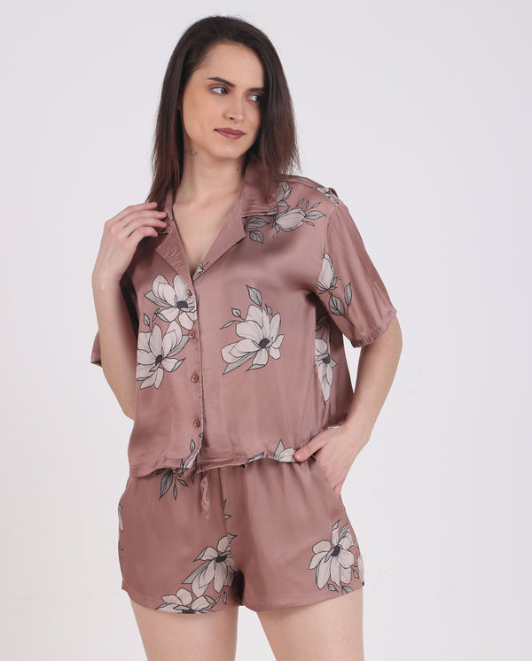 Brown Floral Shorts Set