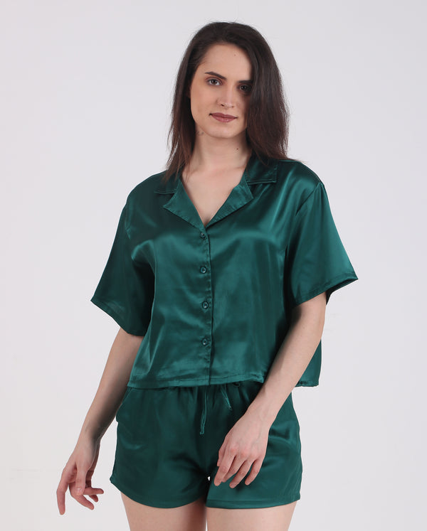 Satin Solid Dark Green Shorts Set