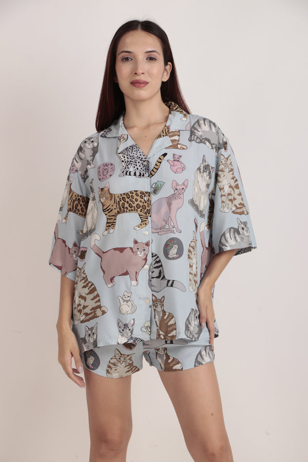 Meow Blue Shorts set Loungewear