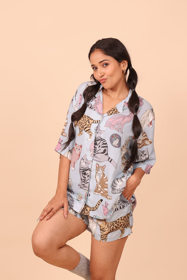 Meow Blue Shorts set Loungewear