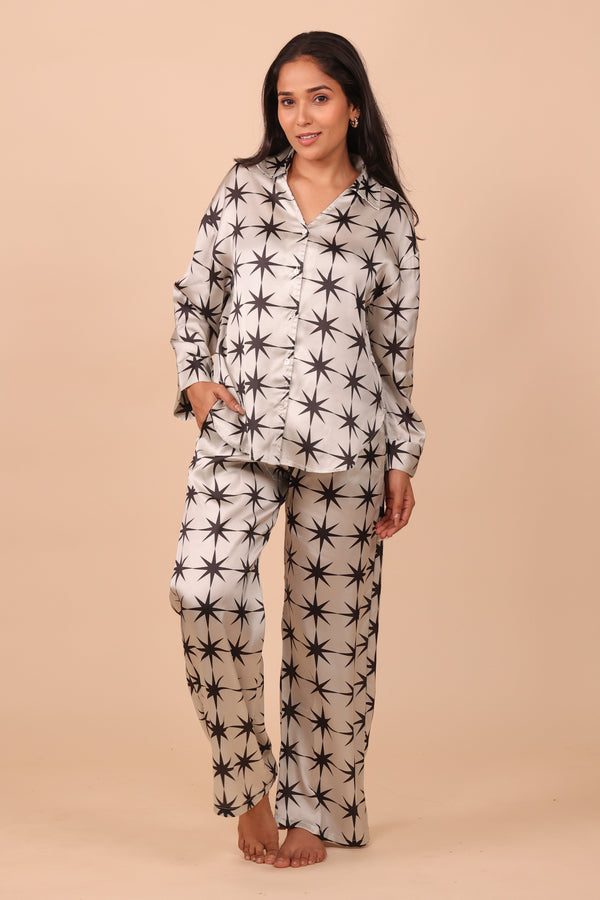 White Starry Oversized Satin PJ Set