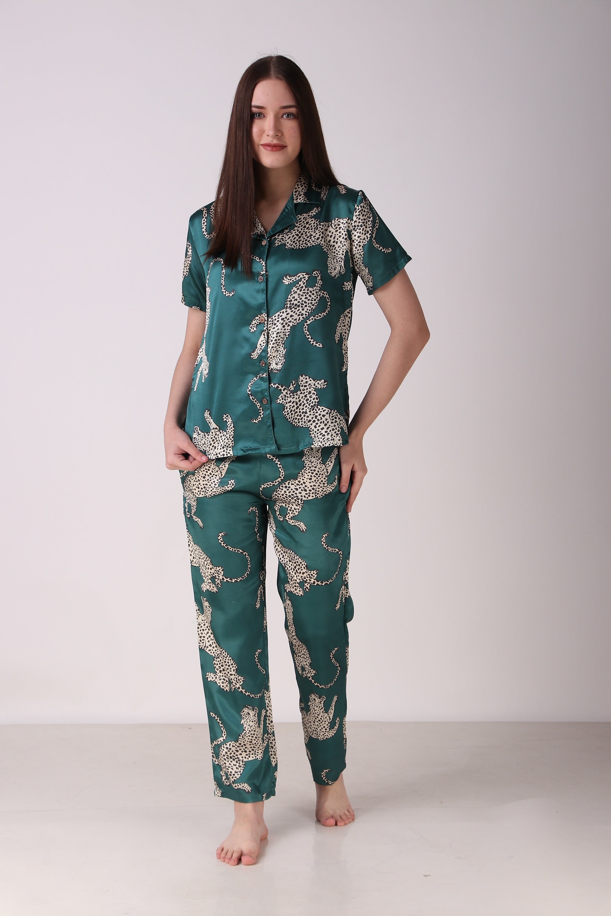 Green Cheetah Satin PJ Set Masha Sleepwear