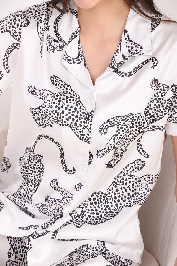 White Cheetah Satin PJ Set